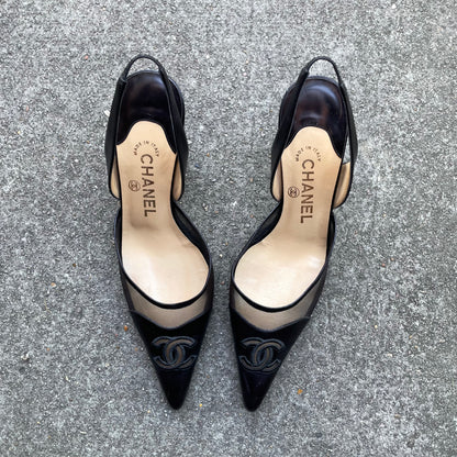 Chanel 2004 “CC” Black Leather Slingback Heels