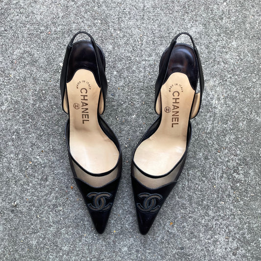 Chanel 2004 “CC” Black Leather Slingback Heels