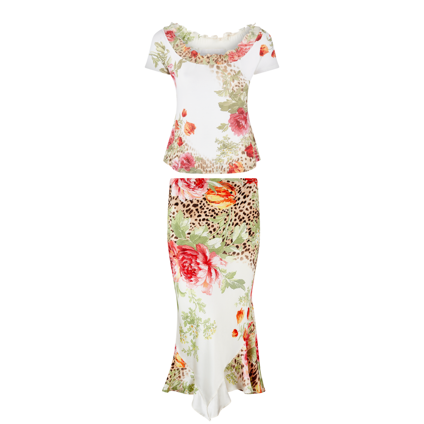 Roberto Cavalli S/S 2002 Floral Leopard Top & Silk Skirt Set