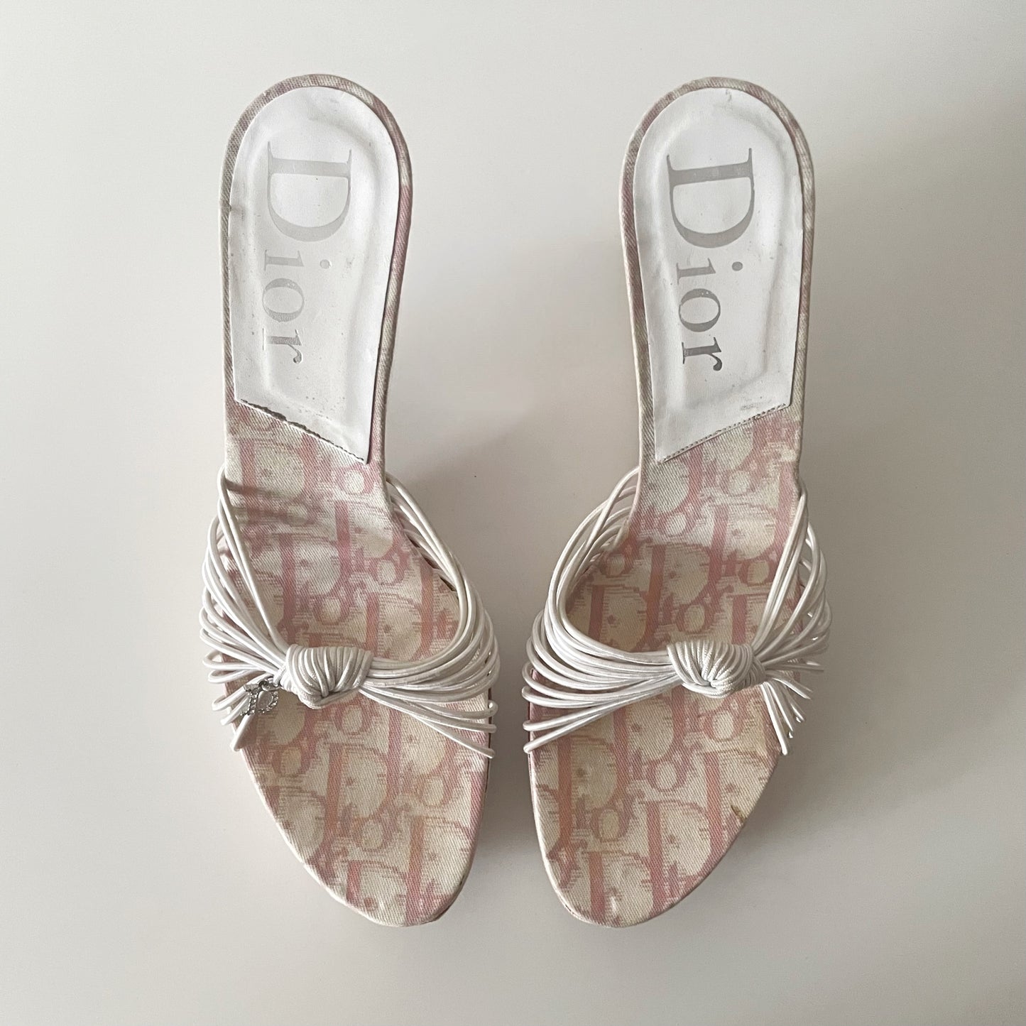 Dior by John Galliano 2003 Pink Monogram Wedge Sandal Heels with Crystal Rhinestone ‘D’ Charm Embellishment