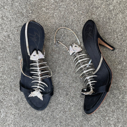 RARE Giuseppe Zanotti Rhinestone Fishbone Black Satin Sandal Heels