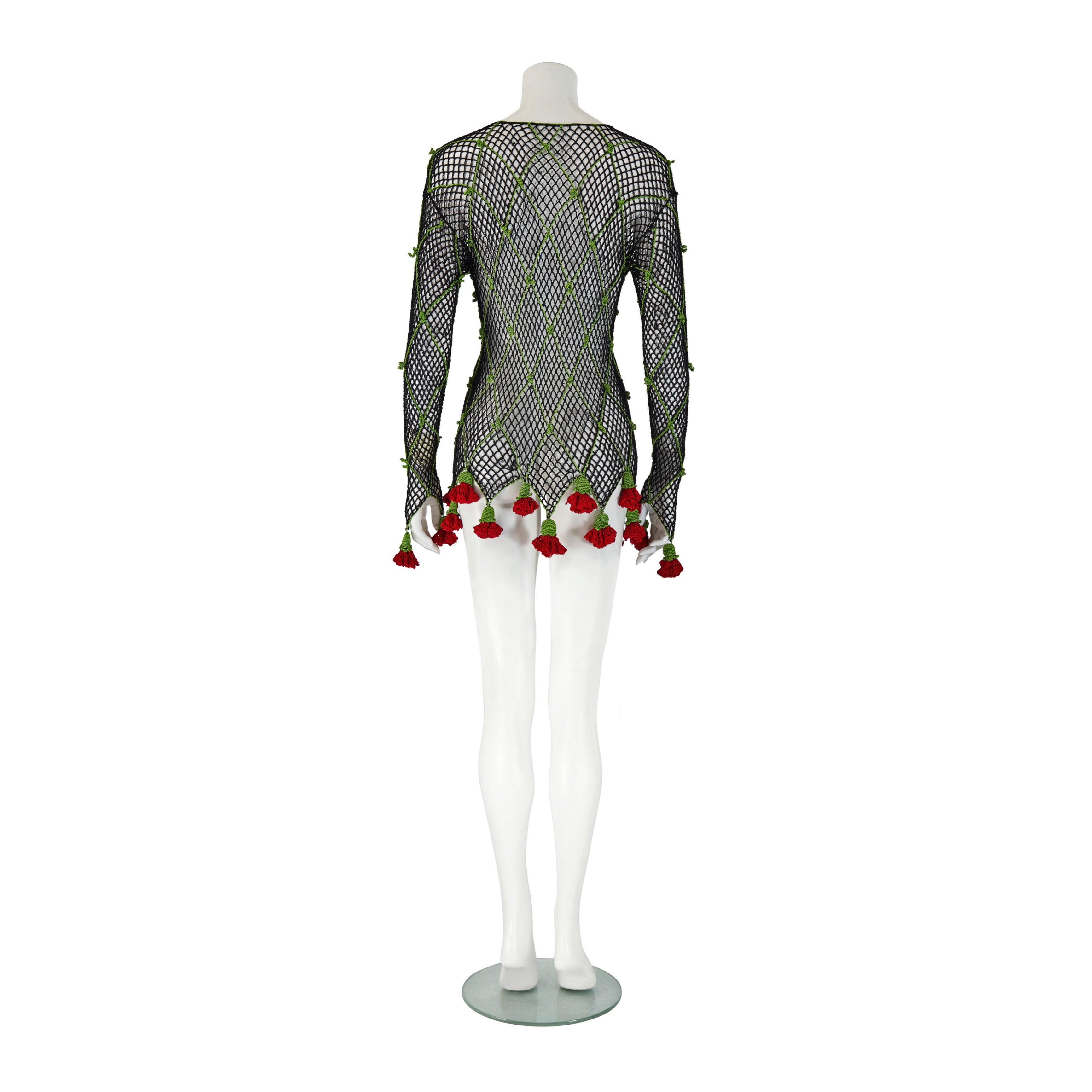Spring / Summer 1997 Black Knit Crochet Red Rose Cardigan