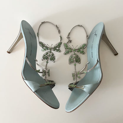 Giuseppe Zanotti S/S 2001 Vintage Blue Stone Butterfly Sandal Heels