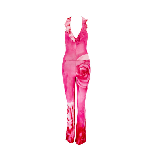 Roberto Cavalli S/S 2000 Pink Floral Rose Silk Jumpsuit