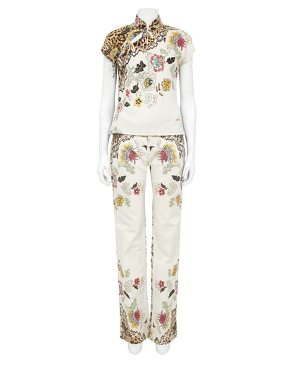 Roberto Cavalli S/S 2003 White Floral Chinoiserie Top & Jeans Set