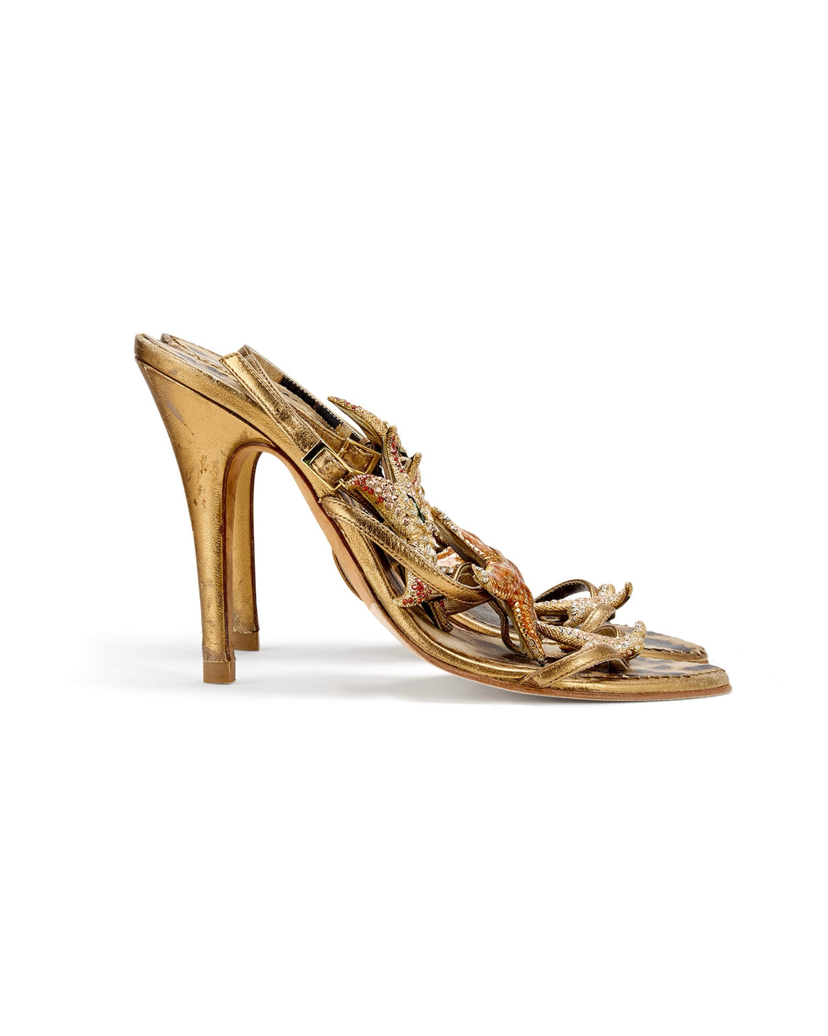 2000s Gold Starfish Embellished Ankle Strap Sandal Heels