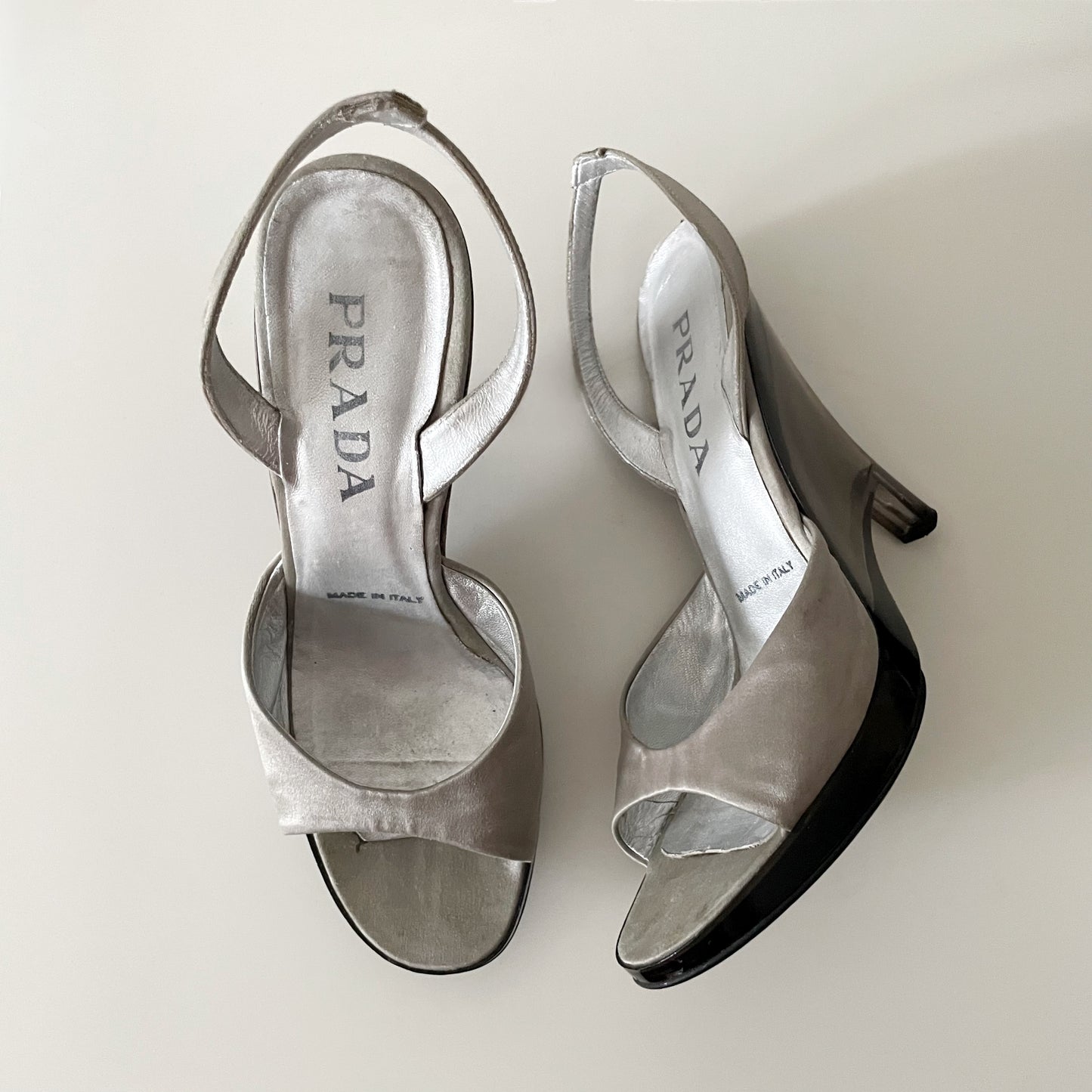 Prada S/S 1998 Grey Satin Lucite Plexiglass Slingback Wedge Heels