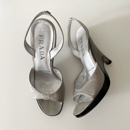 Prada S/S 1998 Grey Satin Lucite Plexiglass Slingback Wedge Heels