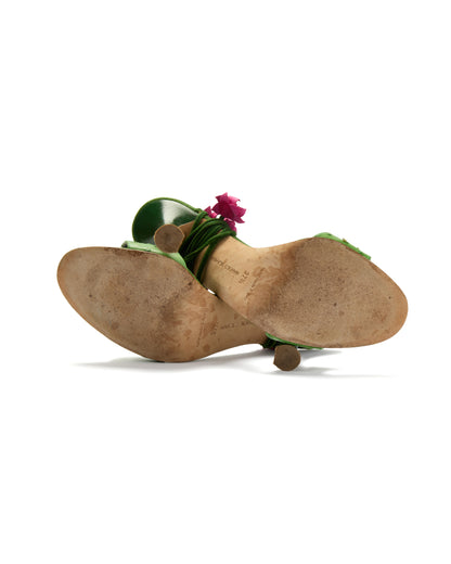 Manolo Blahnik Green Cactus Floral Embellished Wrap Heels