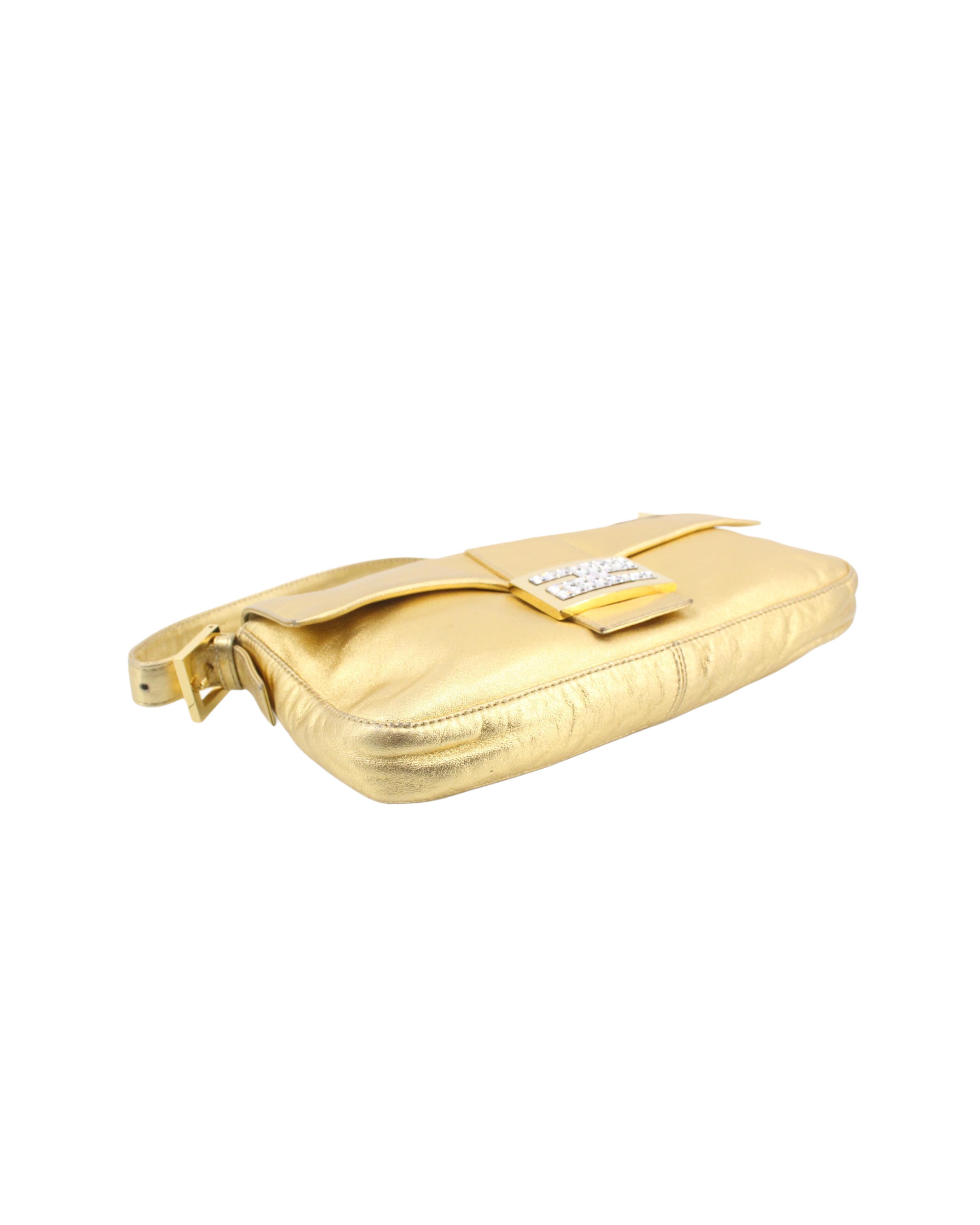 2000 Gold Leather Rhinestone Baguette Bag