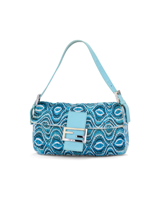 Fendi 2000s Light Blue Beaded Psychedelic Baguette Bag