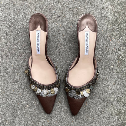Manolo Blahnik 2000s Silver & Gold Coin Brown Leather Mule Heels