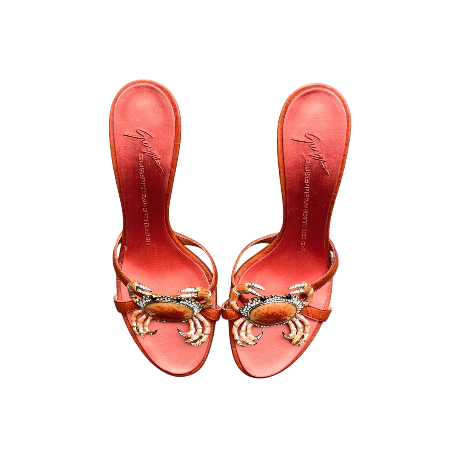 EXTREMELY RARE Giuseppe Zanotti Vintage Crystal Rhinestone Encrusted Orange Crab Sandal Heels