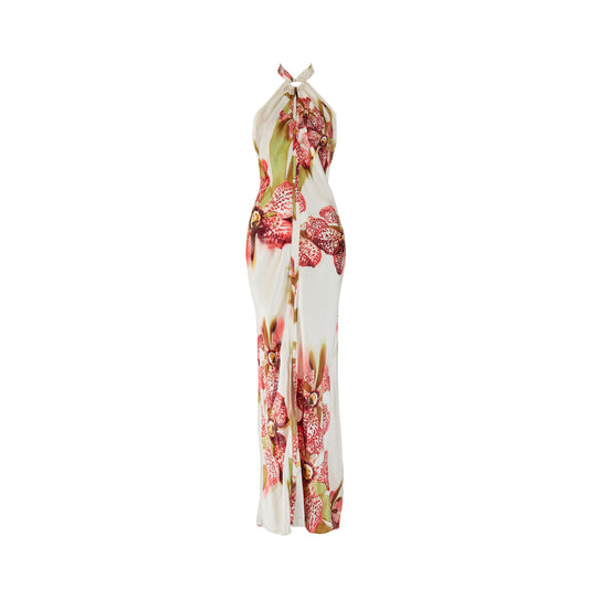 Roberto Cavalli F/W 2004 Orchid Print Silk Halter-neck Dress