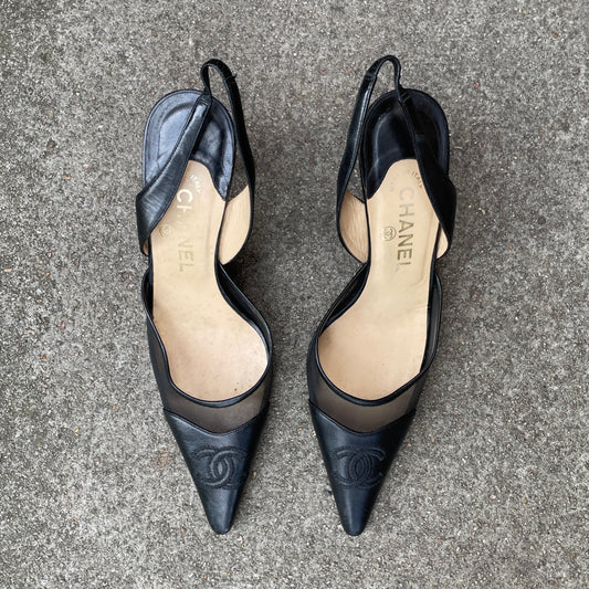 Chanel 2004 “CC” Black Leather Slingback Heels