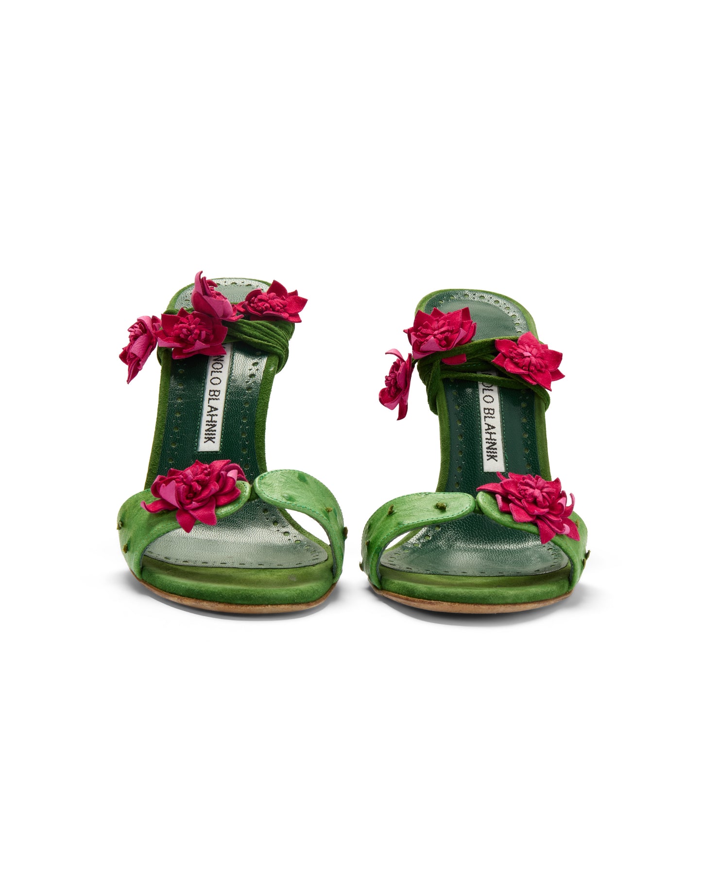 Manolo Blahnik Green Cactus Floral Embellished Wrap Heels