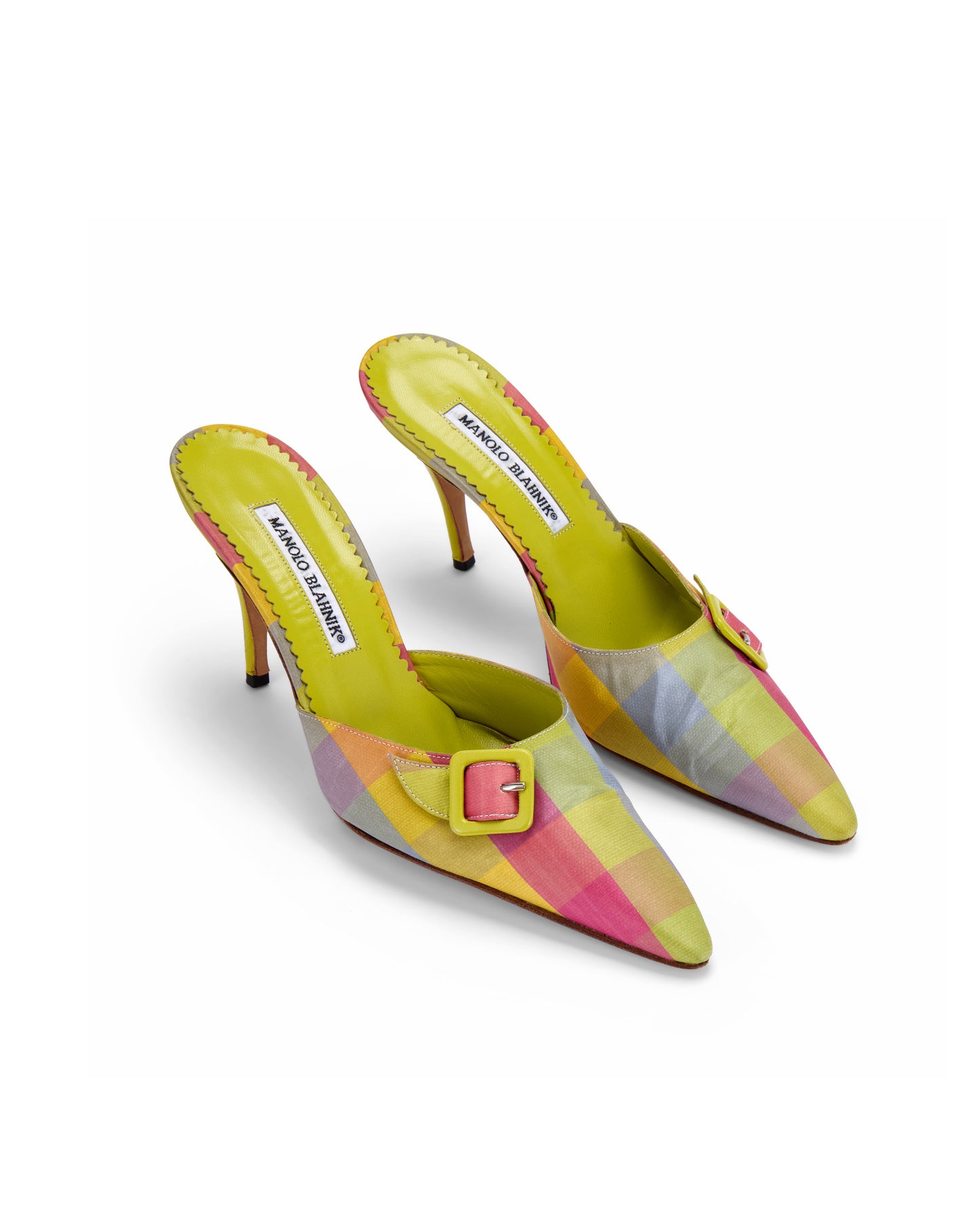 Manolo Blahnik Multicolour Plaid Buckle Mule Heels