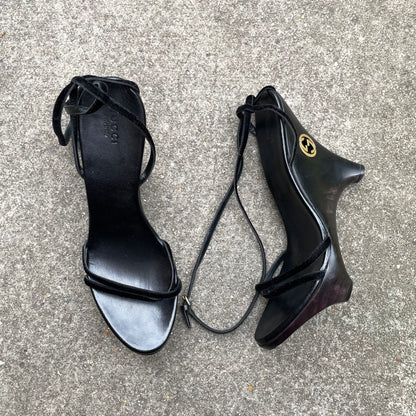 Gucci by Tom Ford 1996 “GG” Black Wood & Velvet Wedge Heels