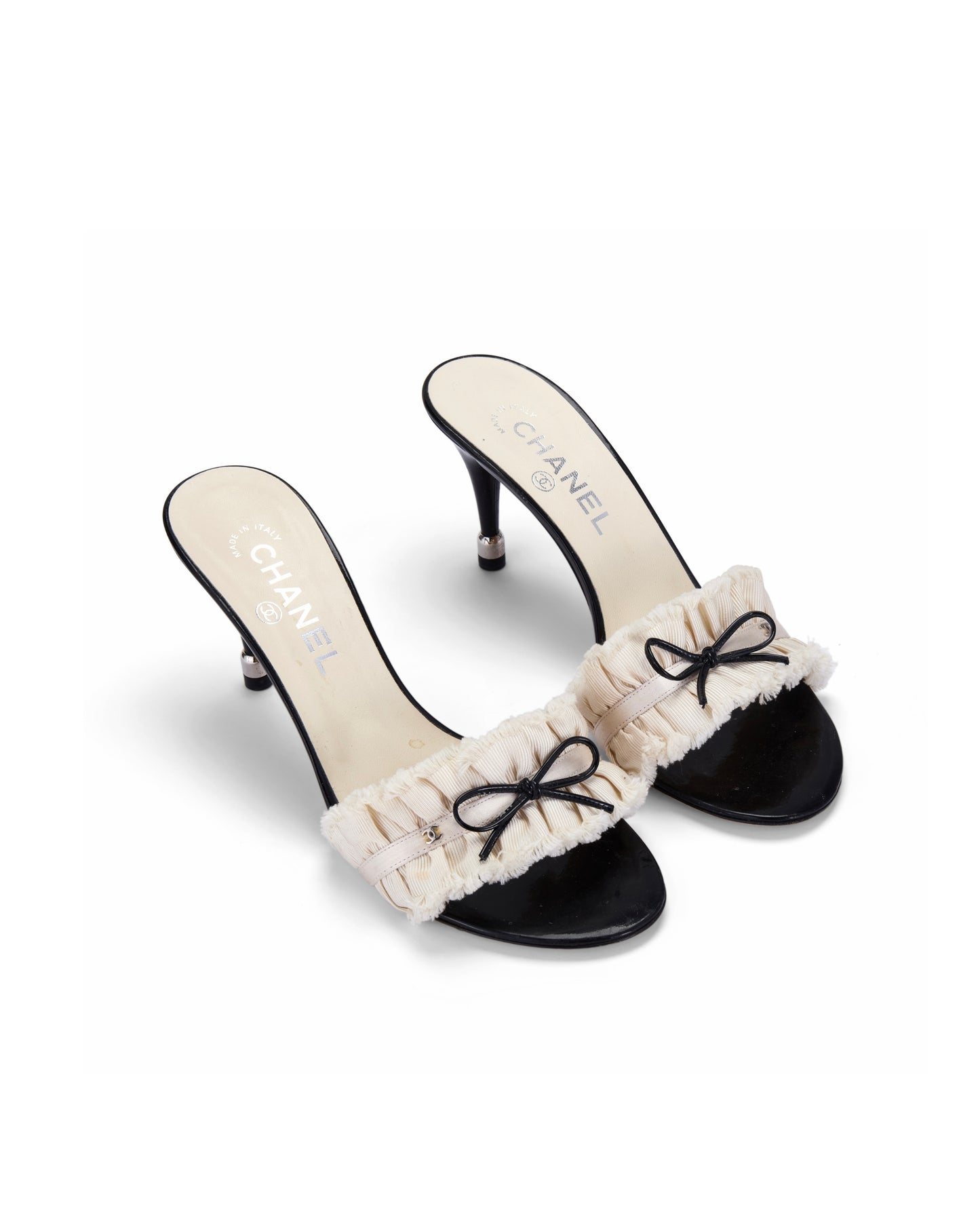 CHANEL 2012 “CC” Ivory Ruffle Bow Sandal Heels