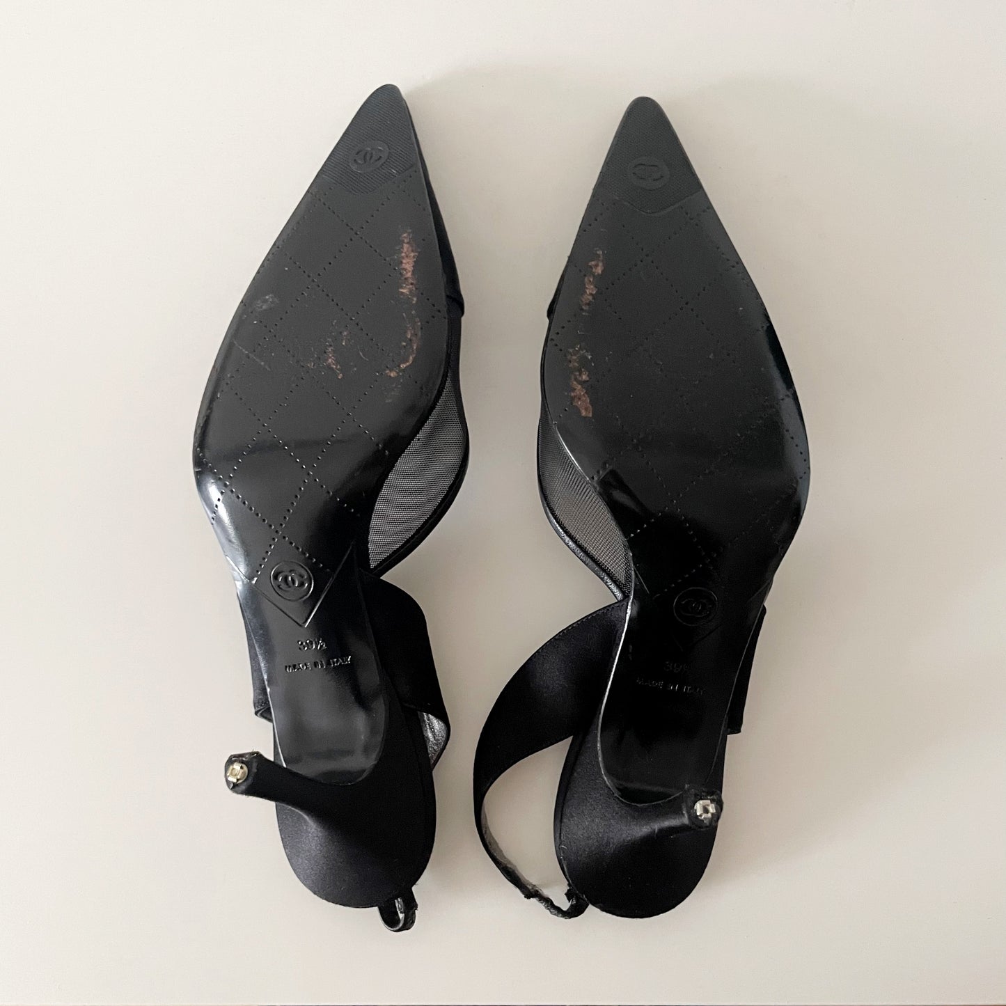 Chanel 2004 “CC” Black Satin Slingback Heels