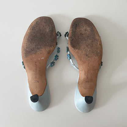 Manolo Blahnik 2000s Blue Pearlescent Flower Sandal Heels