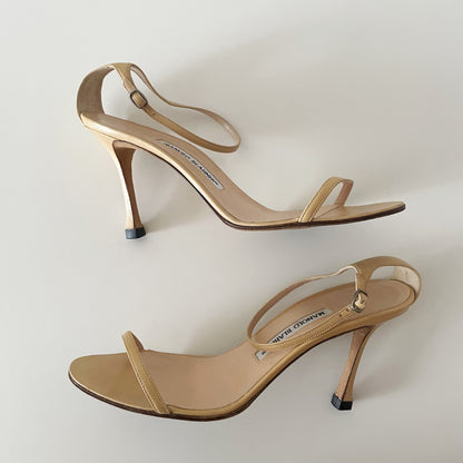 Manolo Blahnik Nude Leather Ankle Strap Sandal Heels