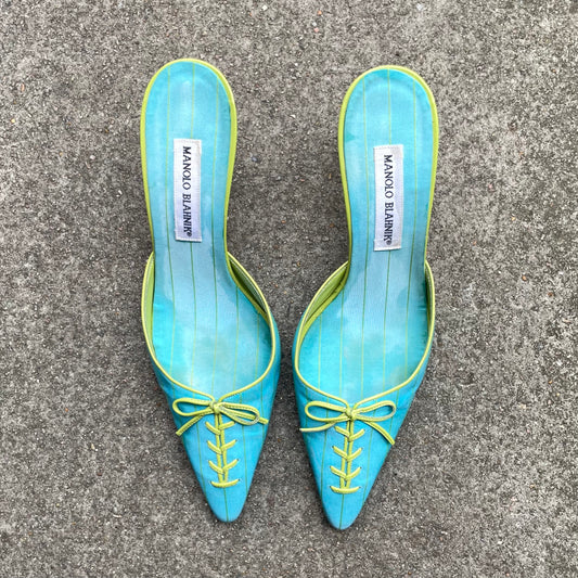 Manolo Blahnik 2000s Teal Blue & Green Sneaker Bow Mule Heels