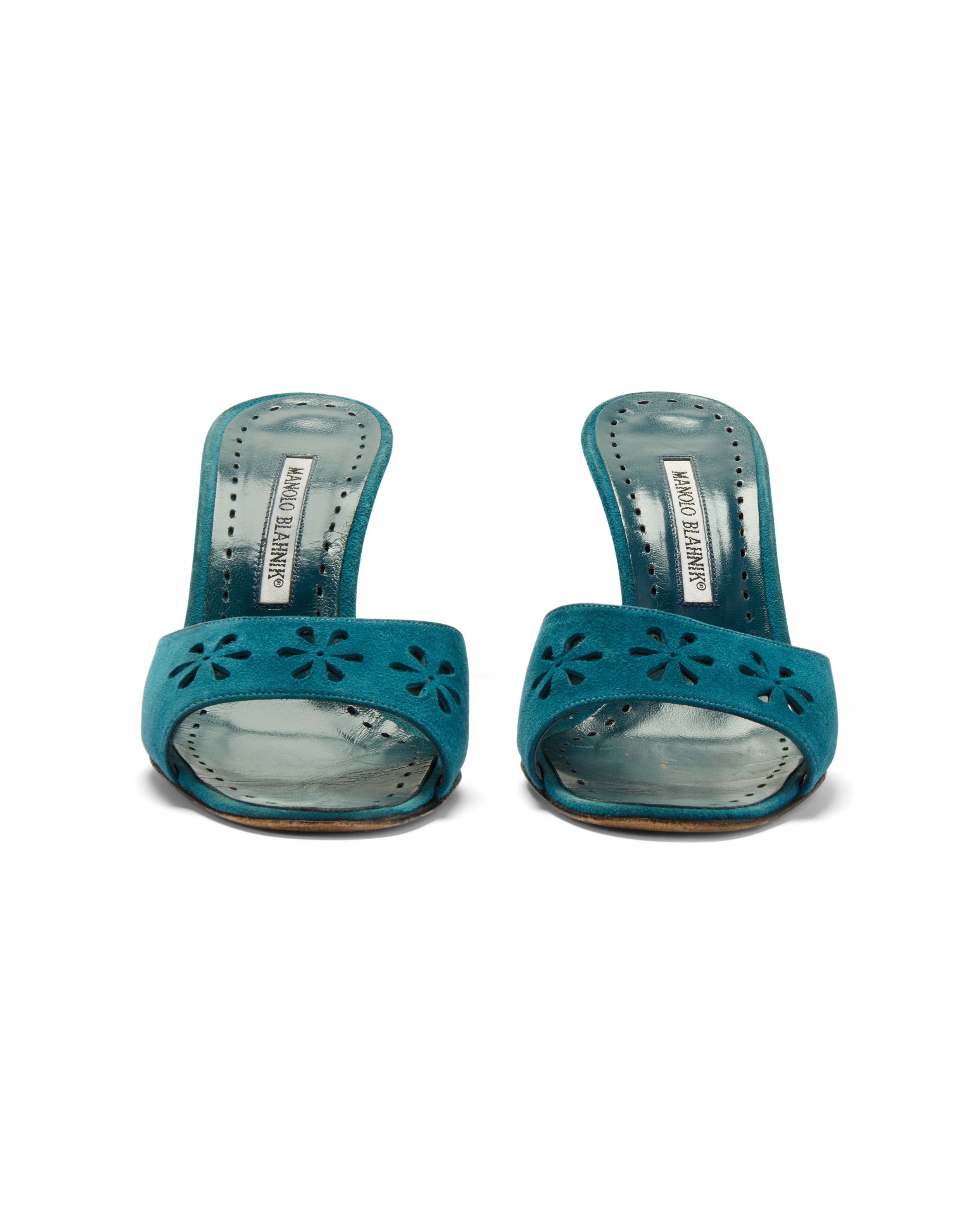 2000s Blue Floral Eyelet Laser Cut Suede Heels
