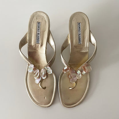 Manolo Blahnik Pearlescent Seashell Gold Sandal Heels