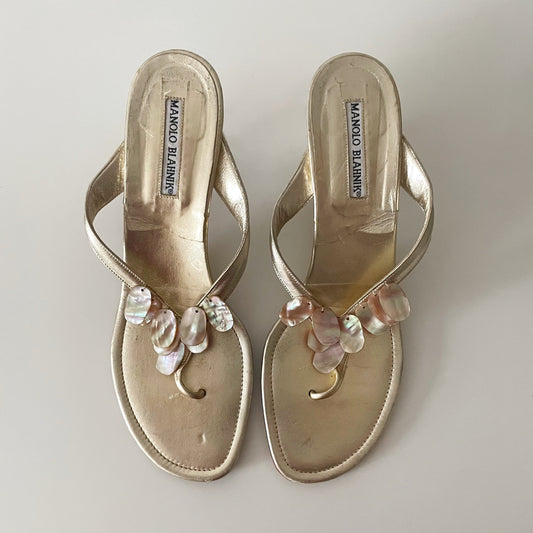 Manolo Blahnik Pearlescent Seashell Gold Sandal Heels