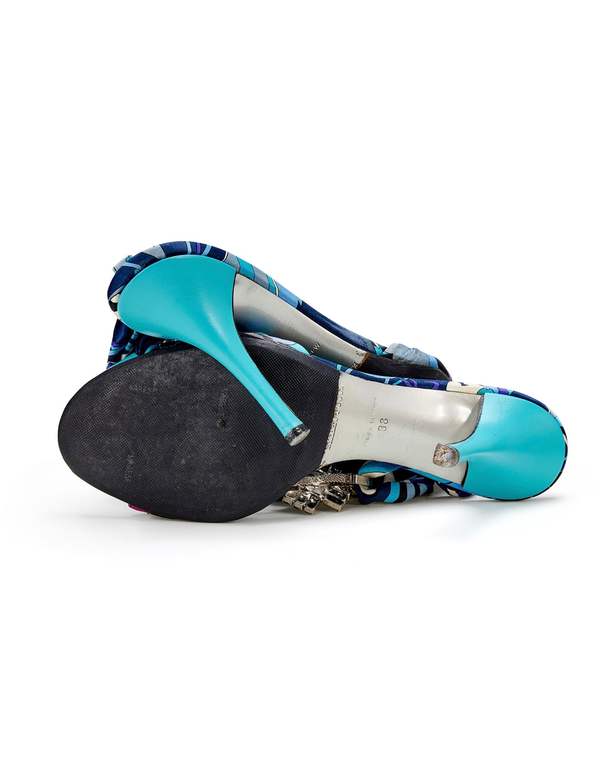 2000s Blue Silk & Silver Abstract Print Jewel Wrap Heels