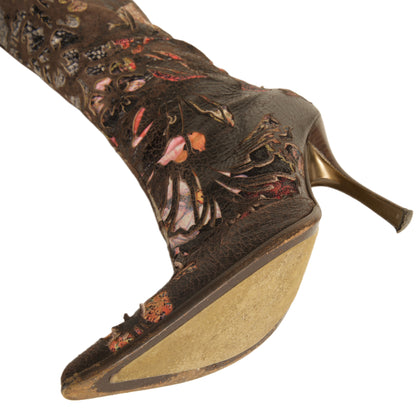 Roberto Cavalli S/S 2002 Brown Floral Suede Leather Boots