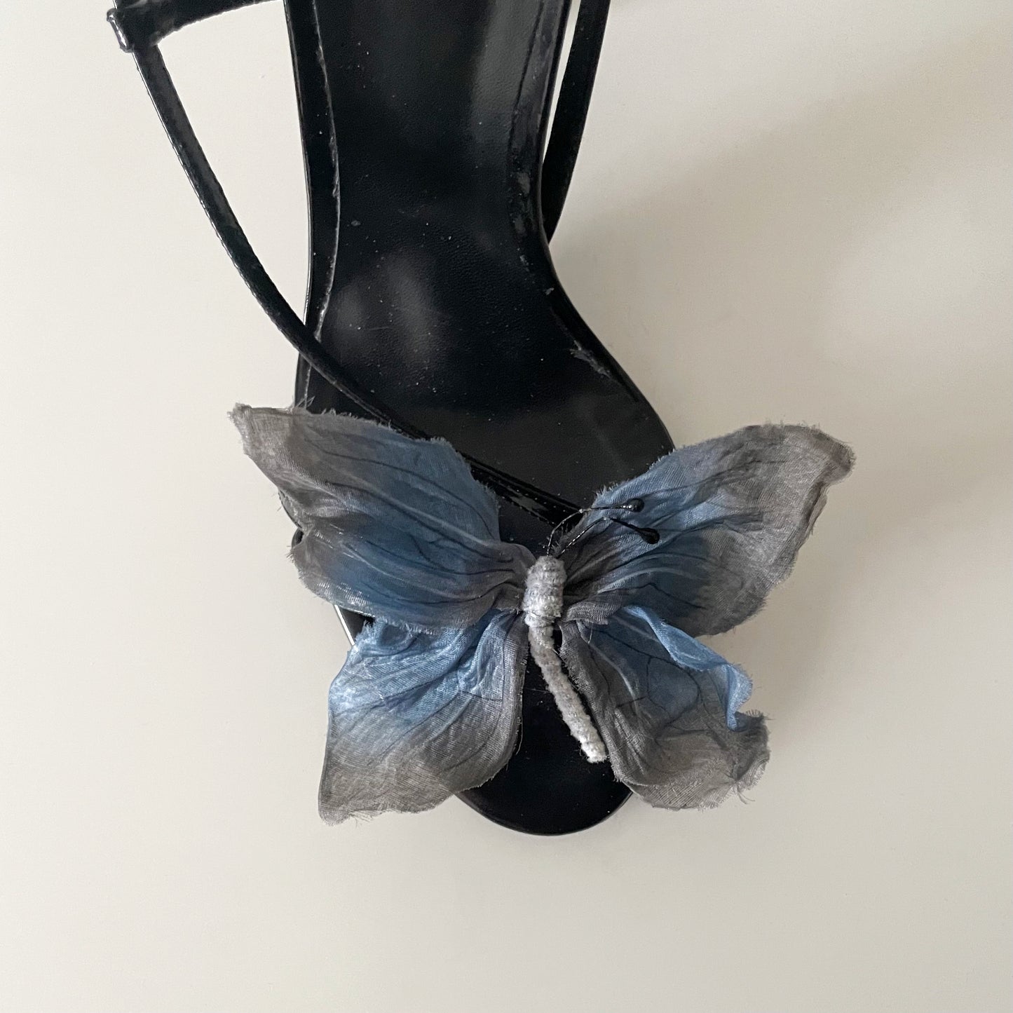 Dolce & Gabbana S/S 1998 Blue Butterly Black Leather Slingback Sandal Heels