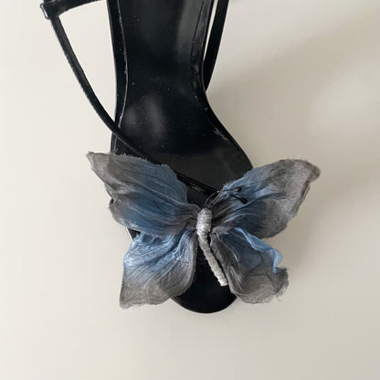 Dolce & Gabbana S/S 1998 Blue Butterly Black Leather Slingback Sandal Heels