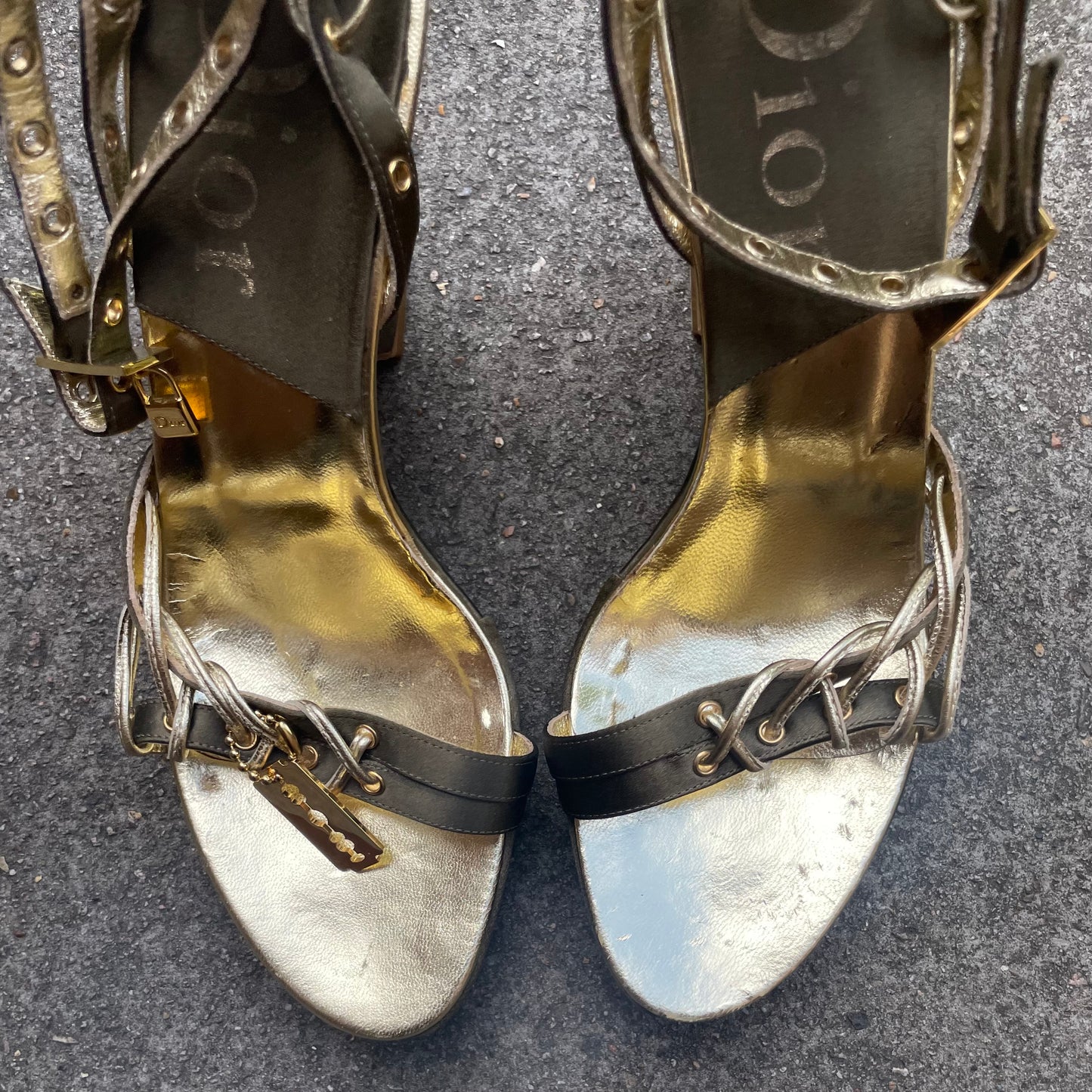 Dior by John Galliano S/S 2003 Khaki Green Padlock & Key Razor Blade Satin Wedge Heels
