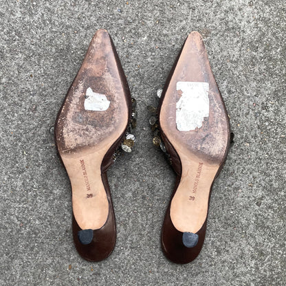 Manolo Blahnik 2000s Silver & Gold Coin Brown Leather Mule Heels