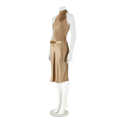 Vera Wang 2000s Gold Sequin Halter Neck Dress
