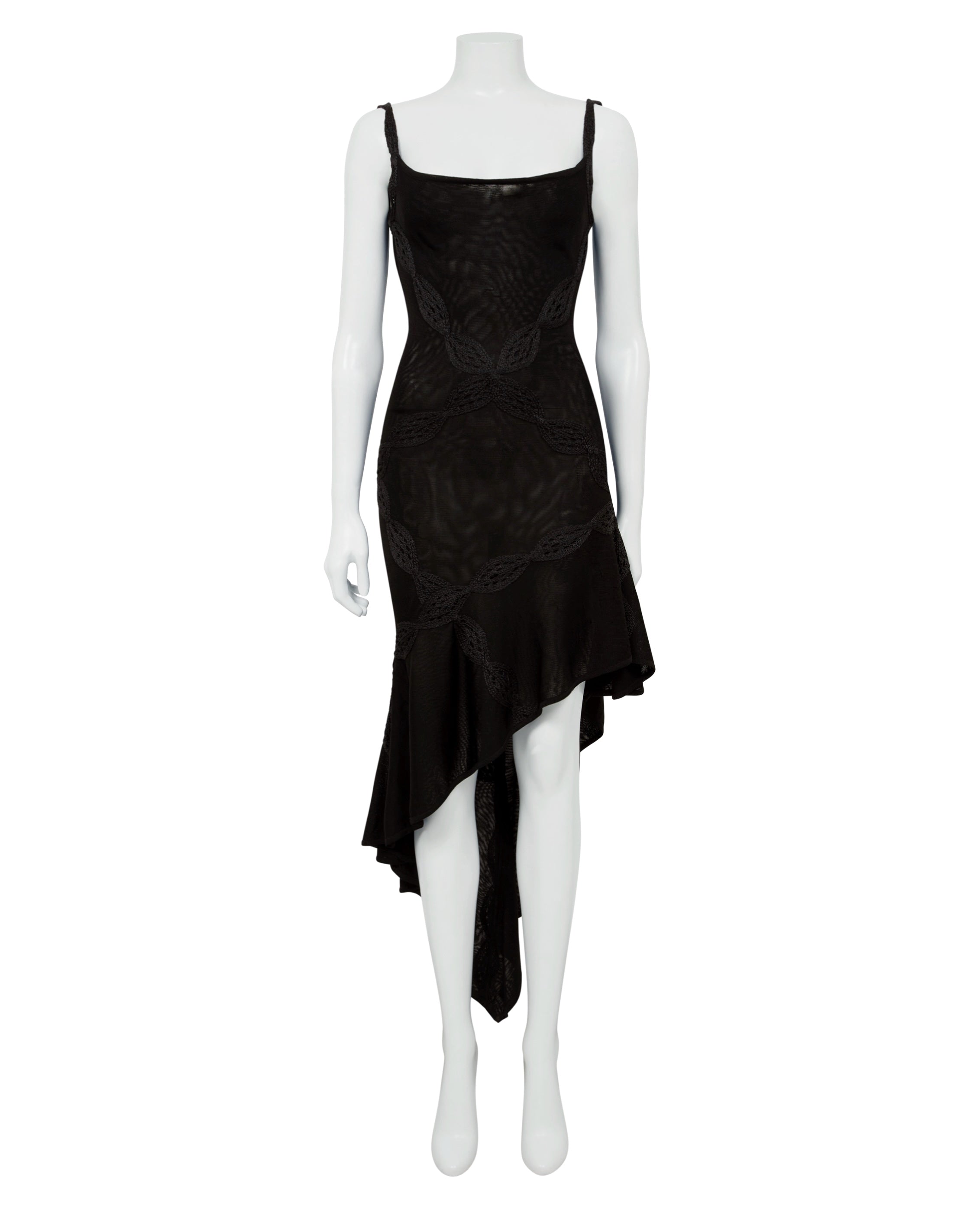 Spring / Summer 2001 Black Embroidered Braid Bias-Cut Asymmetrical Dress