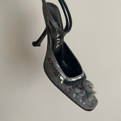 Prada F/W 1999 Grey Silver Sequin Raso Luce Pailettes Satin Ankle Strap Heels
