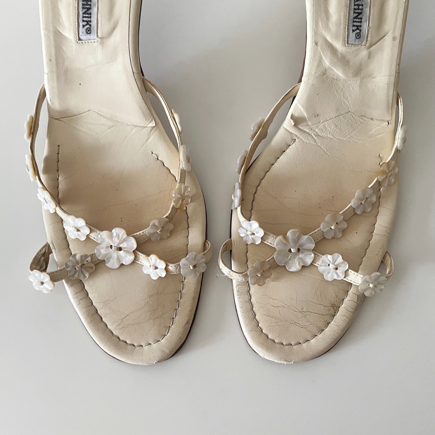 Manolo Blahnik 2000s Butter Yellow Pearlescent Flower Sandal Heels