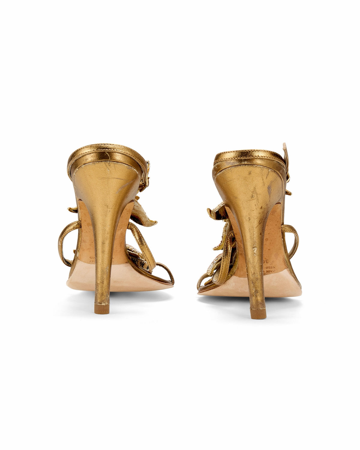 2000s Gold Starfish Embellished Ankle Strap Sandal Heels