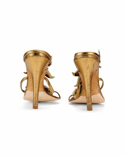 Roberto Cavalli 2000s Gold Starfish Embellished Ankle Strap Heels