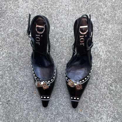 RARE Dior by John Galliano 2004 Black Gambler Dice Patent Leather Slingback Heels