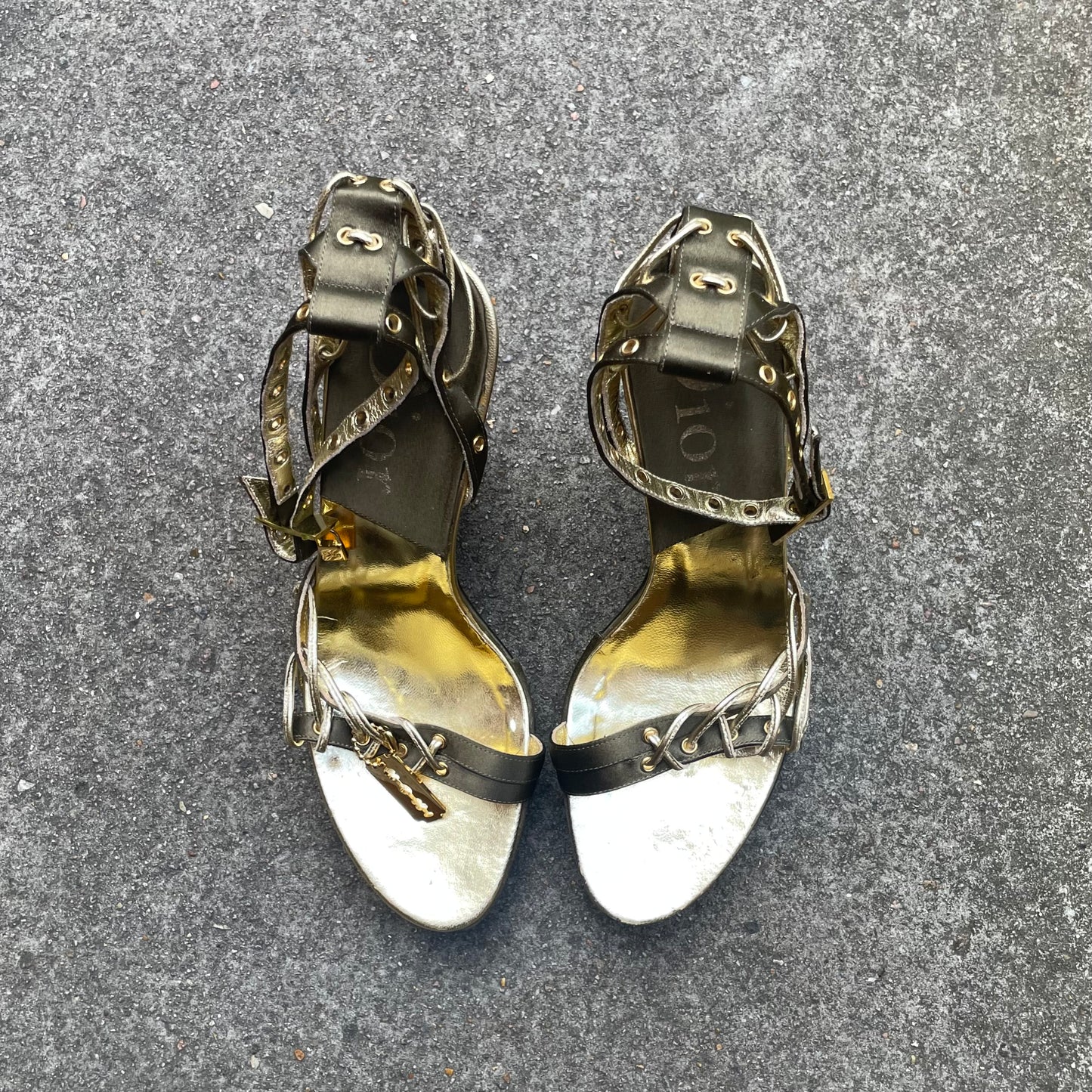 Dior by John Galliano S/S 2003 Khaki Green Padlock & Key Razor Blade Satin Wedge Heels
