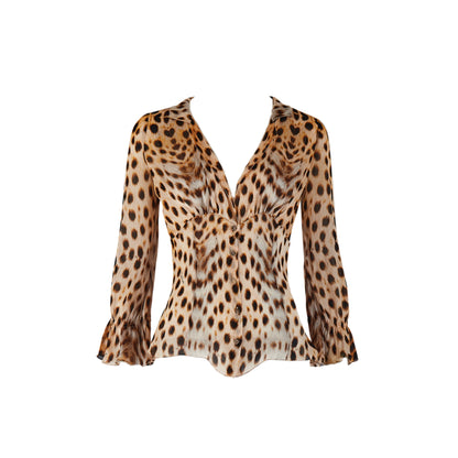 Roberto Cavalli S/S 2007 Brown Cheetah Leopard Print Silk Blouse Top