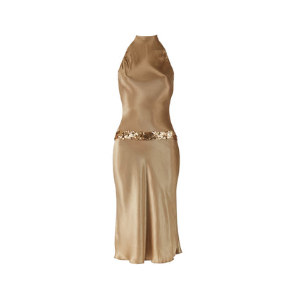 Vera Wang 2000s Gold Sequin Halter Neck Dress