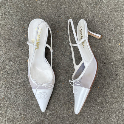 Chanel “CC” White Bow Mesh Slingback Heels