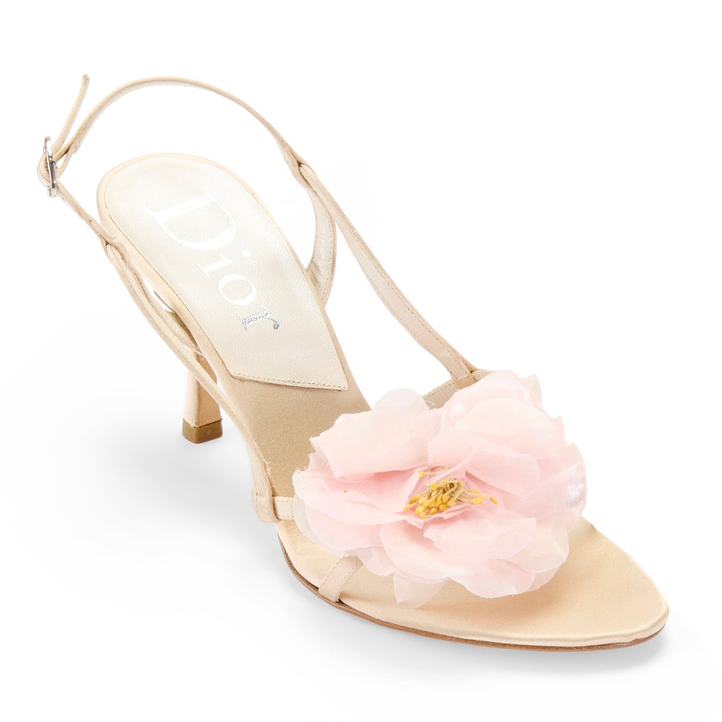 dior silk satin vintage cream beige slingback sandal heels pink flower floral IT 37 US 7 UK 4