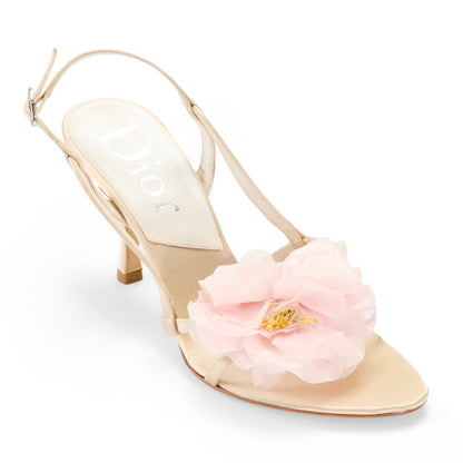 dior silk satin vintage cream beige slingback sandal heels pink flower floral IT 37 US 7 UK 4