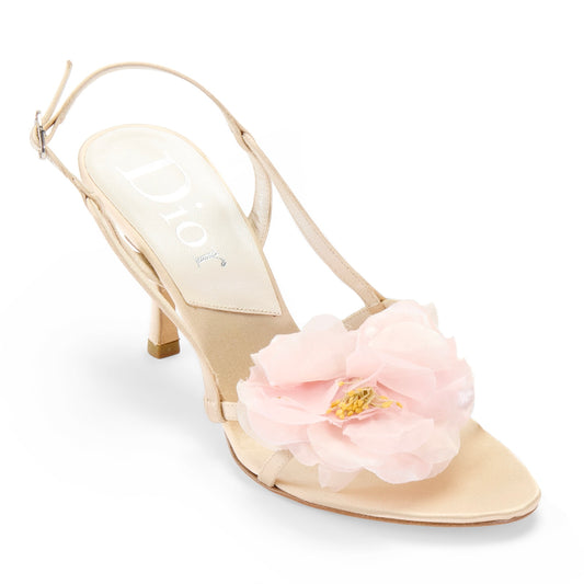 dior silk satin vintage cream beige slingback sandal heels pink flower floral IT 37 US 7 UK 4